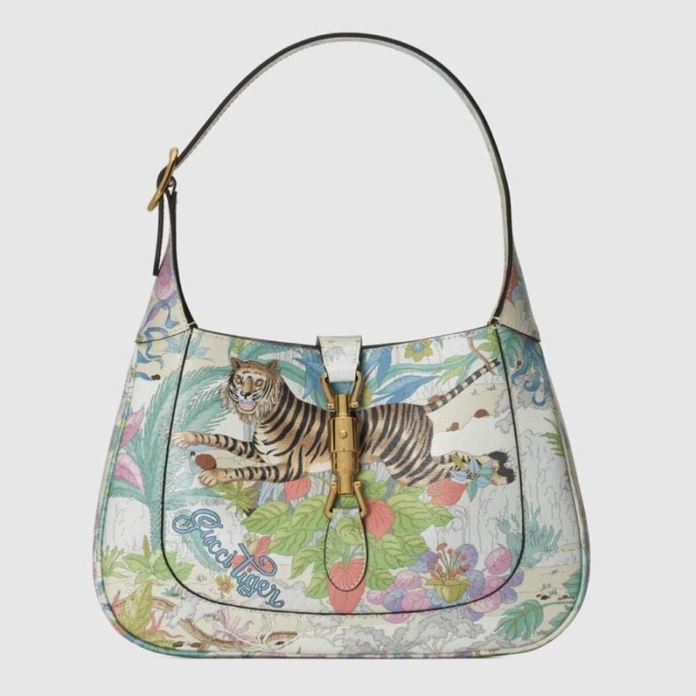 Gucci Handbag Off white Gold Tiger Flower Print Leather